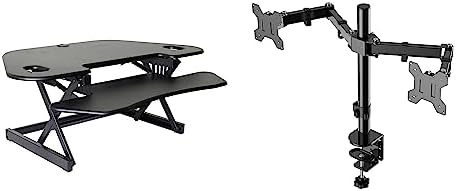 Rocelco 46" Height Adjustable Corner Standing Desk Converter with Dual Monitor Arm Bundle - Quick Sit Stand Up Computer Workstation Riser - Extra Large Keyboard Tray - Black (R CADRB-46-DM2) by Rocelco