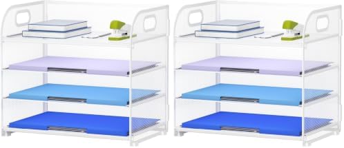 Marbrasse 4 Tier Paper Organizer Letter Tray, Mesh Desk File Organizer with Handle, Paper Sorter Organizer for Letter /A4 Office File Folder Holder（White, 12.6" x 9.1" x 10.7"） (Pack of 2) by Marbrasse