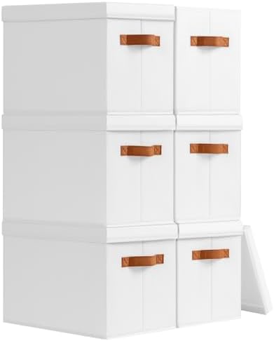 Homsorout Storage Bins with Lids - Fabric Storage Baskets for Shelves, 6 Pack Foldable Decorative Boxes with Handles, Stackable Organizer Bins for Home, Nursery, Dorm, White by Homsorout
