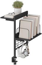 MAHANCRIS Clamp on Desk Shelf, 2 Tier Desk Storage Organizer, Desktop Bookshelf with Hooks and Divider, Desk Accessories for Study and Gaming Room, Black DSBK4501 by MAHANCRIS