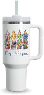 Personalized Teacher Appreciation Gift Tumbler 40oz | Custom Name Colored Pencil Design | Stanley Style Cup With Handle Straw & Lid | Insulated Stainless Steel Mug | End of Year Back to School Gift by Unknown