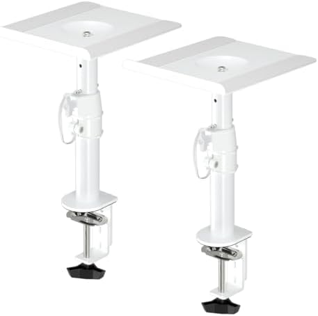 suptek Clamp-on Speaker Stand Desk Mount Set, Height Adjustment, Tilt, Swivel, 9.6 x 8.8 inch Trays, Universal Audio Holders for Computer and Bookshelf Speakers, Elevated Sound, 2 Pack, White, SDM001W by suptek