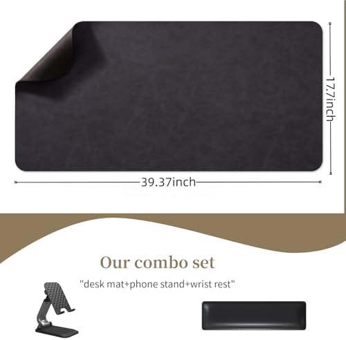Leather Desk pad for Computer and laptops, Ideal for Gaming and Office use, Large Mouse pad and Keyboard mat,Desk mat Special for man. A complimentary Wrist pad and Phone Stand (Black, 39.37"*17.7") - Image 2