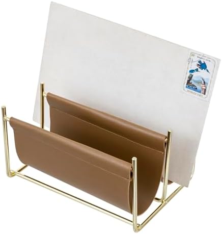 MyGift 2 Slot Modern Mail Holder, Deluxe Brass Tone Metal and Toffee Brown Leatherette Sling Entryway or Desktop Tabletop Letter Sorter - Image 4