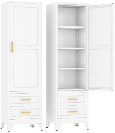 Ckzbx Tall Narrow Storage Cabinet, 66.93" H Tall Bathroom Cabinet Metal Pantry Cabinets with Drawers, 3 Adjustable Shelves, for Kitchen, Bathroom, Home Office, Living Room (White) by Ckzbx