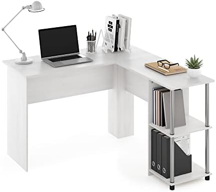 Furinno Abbott L-Shape Computer Desk with Stainless Steel Tubes Bookshelf, White Oak/Chrome by Furinno-FitsYourSpaceFitsYourBudget