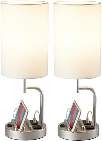 Dreamholder Table Lamp with 3 USB Charging Ports, Modern Desk Lamp with AC Outlet and Phone Stands, Perfect Bedside Lamp for Bedroom, Living Room, Office (Pack of 2), Silver by Dreamholder