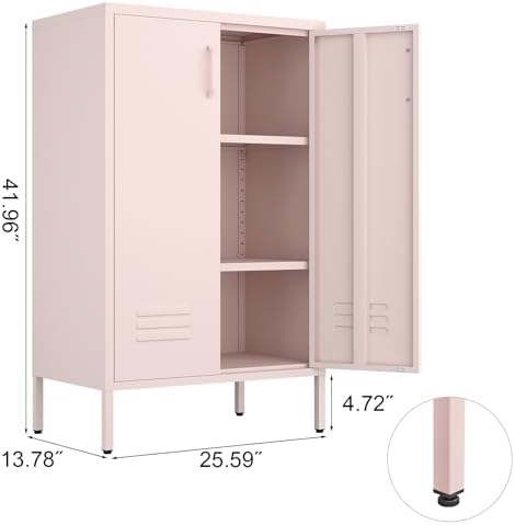 IRONFFICE Storage Cabinet,Metal Cabinets with Doors and Shelves,2 Doors Locker Cabinet with Legs,Metal Locker Storage Cabinets for Tools, Equipment and Office Files,Pink - Image 3