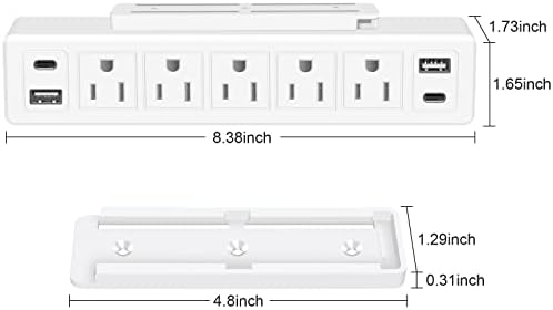 40W Under Desk Power Strip Surge Protector 1200J 5 Outlet 4 USB 6FT White - Image 6