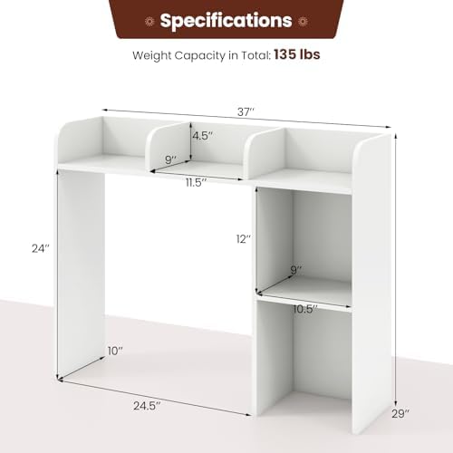 BECOMFORT Desk Hutch, Desk Organizer Shelf w/ 5 Storage Compartments, up to 27” Monitor, Wooden Display Rack, Desktop Bookshelf for Vanity Dressing Tabletop College Dorm Home & Office - Image 3