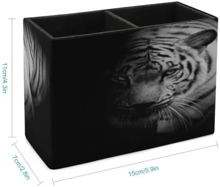 PU Leather Multi-Compartment Pen Holder Desktop Organizer Pencil Cup Storage Caddy for Office Home Supplies White Tiger Isolated on Black Background - Image 2