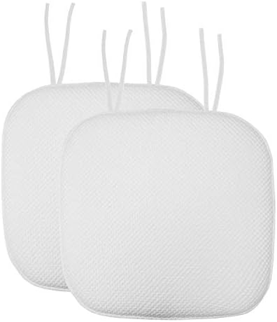 Sweet Home Collection Chair Cushion Memory Foam Pads with Ties Honeycomb Pattern Slip Non Skid Rubber Back Rounded Square 16" x 16" Seat Cover, 2 Pack, White by SweetHomeCollection