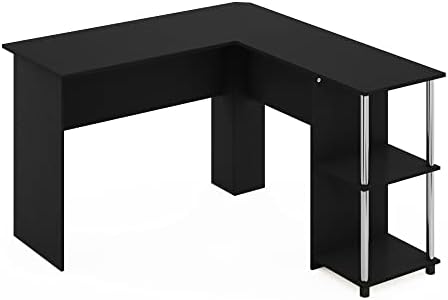 Furinno Abbott L-Shape Computer Desk with Stainless Steel Tubes Bookshelf, Americano/Chrome - Image 5