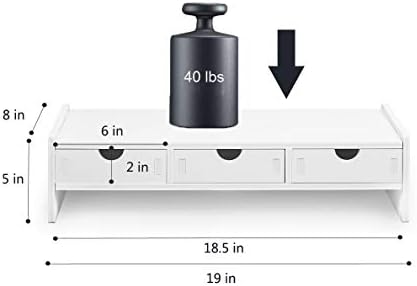 valen Monitor Stand Riser, Computer Laptop Riser Shelf with 3 Organizer Drawers (White, 19.5" L x 7.5" W x 4.7" H) (White) - Image 6