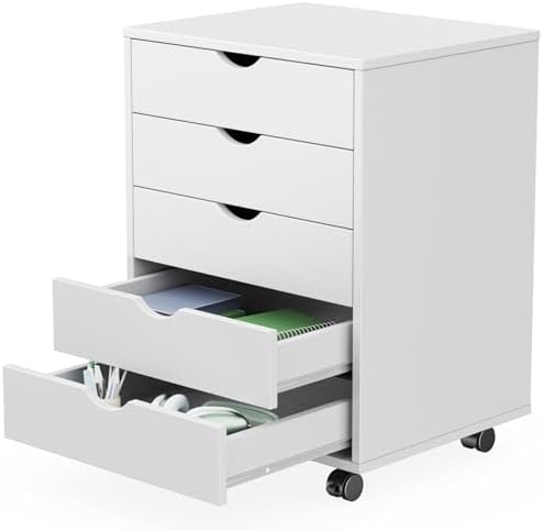 Mobile File Cabinet Under Desk, 5 Drawer Storage Organization with Wheels, Vertical Filing Chest Rolling Wood Small Desk Printer Stand for Home Office by HAPPYMONTLLC