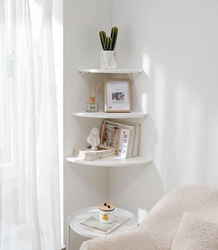 Corner Wall Shelves, White Floating Corner Shelf, Set of 2 16inch Solid Oak Wood Shelves, Round End Wall Mount Display Shelf with Wire Hole for Small Plant for Bedroom Kitchen, Living Room - Image 6