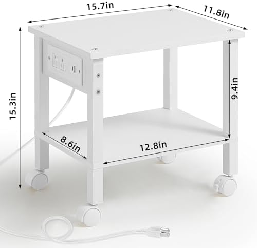 YUFAM 2 Tier Under Desk Printer Stand with Charging Station, White - Image 3