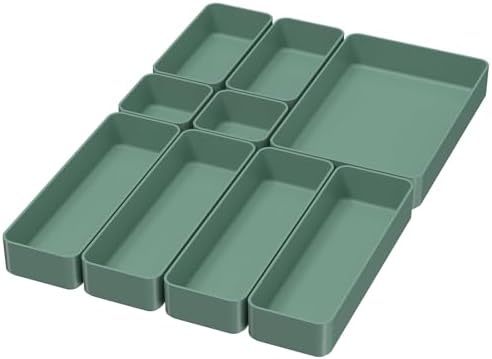 CHANCETSUI 9 Pcs Stackable Drawer Organizer Trays Set, Green, Multifunctional Storage for Vanity, Bathroom, Kitchen, Desk Drawer Organizer Office, PET Plastic by CHANCETSUI