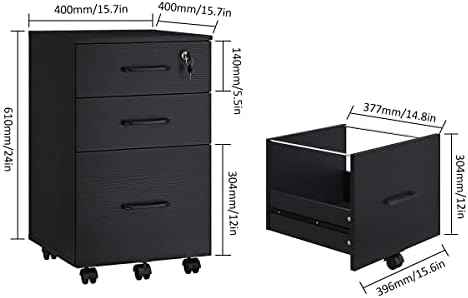 Panana 3 Drawer Wood Mobile File Cabinet, Under Desk Storage Drawers Small File Cabinet for Home Office (Black) - Image 3