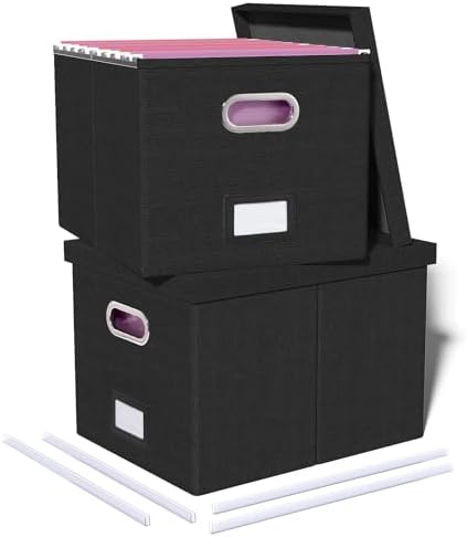 Oterri 2 Pack File Storage Organizer, Filing Box, Portable File Box with Lid, Fit for Letter/Legal File Folder Storage, Document Organizer, Black by Oterri