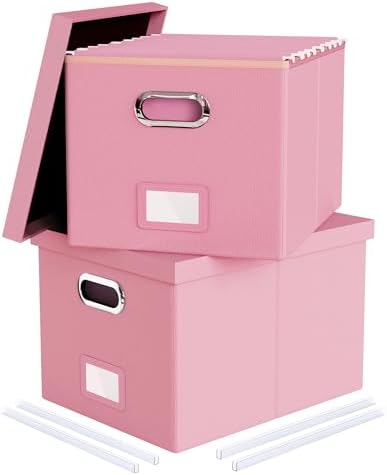 Oterri 2 Pack File Storage Organizer Box,Filing Box,Portable File Box with Lid,Fit for Letter/Legal File Folder Storage, Pink(Leather)-Box only by Oterri