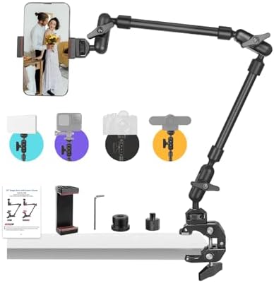 22" Magic Arm w Clamp, Overhead Phone Mount, Desk Camera Mount w Articulating Friction Boom Arm Thread Adapter, for Phone Video Light Webcam Microphone Action Camera Content Creators by JEBUTU
