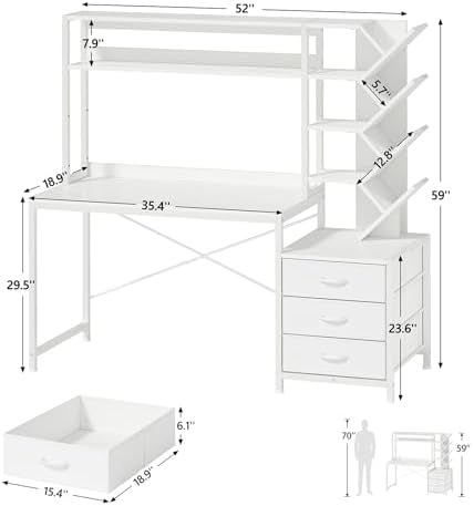 YOMILUVE 52" Computer Desk with Bookshelf, 3 Drawers ＆ Hutch for Bedroom - Image 2