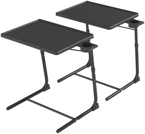 TV Tray Table, Adjustable TV Dinner Table for Eating on Couch with Cup Holder, Folding Tables with 6 Height & 3 Tilt Angle Adjustments, Comfortable Laptop Stand for Bed & Sofa, 2 Pack, Black by IWDOO