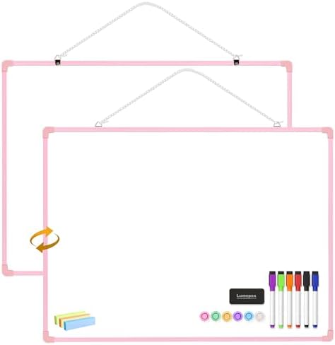 Dry Erase Board for Wall, 24" x 18" Double-Sided Hanging Magnetic Whiteboard with 6 Markers, 6 Magnets and 3 Mini Sticky Notes, Large White Board for School, Home, Office, Pink Frame by Lumspax