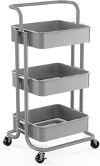Pipishell Metal 3 Tier Rolling Cart with Handle & 2 Lockable Wheels, Gray by Pipishell