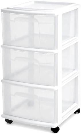 HOMZ Drawer Tower, 3-Tier Storage Cart with Removable Wheels, White Frame by Homz