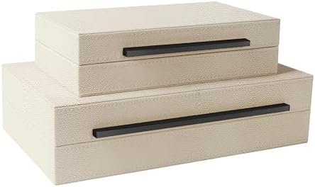 Sagala Set of 2 Beige Shagreen Decorative Boxes With Black Metal Handles, Faux Leather Jewelry Boxes Modern Storage Boxes Photo Boxes Memory Boxes Home Organizer (Beige-Black Handle) - Image 3