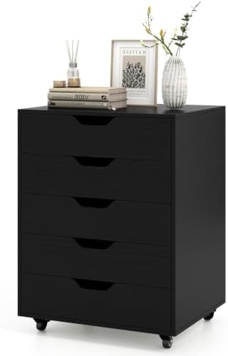 Byroce 5-Drawer Storage Cabinet with Wheels, Mobile Office Cabinet, Black by Unknown