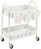danpinera 2-Tier Rolling Cart, Utility Cart Mobile Metal Rolling Storage Cart with Lockable Wheels & Hanging Cups & Hooks for Kitchen, Bathroom, Office, Workshop, Purple by danpinera