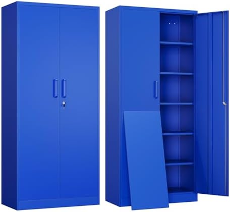 Yizosh Metal Garage Storage Cabinet with 2 Doors and 5 Adjustable Shelves - 71" Steel Lockable File Cabinet,Locking Tool Cabinets for Office,Home,Garage,Gym,School (Blue) by Yizosh
