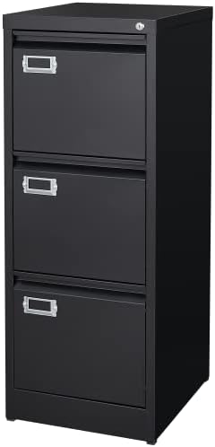BYNSOE 3 Drawer File Cabinet with Lock Metal Vertical File Cabinet Office Home Narrow File Cabinet for A4 Legal/Letter Size,Assembly Required (Black, 3 Drawers-Vertical) by BYNSOE