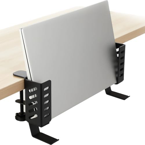 Side Desk Laptop Holder, Clamp On Desk Side Storage with Headphone Hook, Adjustable Metal Organizer, No Drill Vertical Stand for Notebook, Tablet, Magazines by Unknown