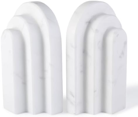 Natural Marble Book Ends - Heavy Duty Bookends for Shelves - Aesthetic Layered Arch Design Stone Book Holders, Decorative Modern Office Bookshelf Stopper Decor for Books/CDs, White by BCS