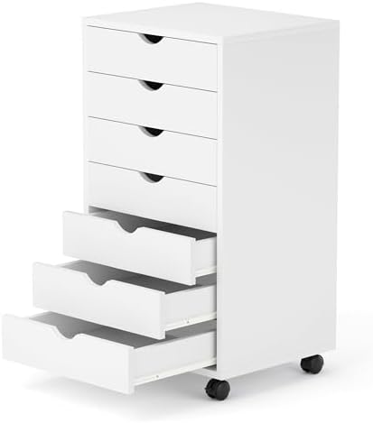 7 Drawer Chest, Storage Cabinet Dressers with Wheels, Dressers Storage Cabinets, Dresser Mobile Cabinet with Wheels, Room Organizer, Small Drawers Wood Organization Furniture for Office, Home, White by SimpleDeluxe