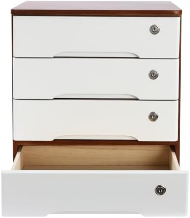 4 Drawers Wooden Desktop Storage Box W/Lockable Drawers,16 In H Office Supplies File Organizer, Flat File Cabinet,Wood Rail & Curved Handle For Dresser Tabletop. (Walnut + White) by DEIGEHJRE