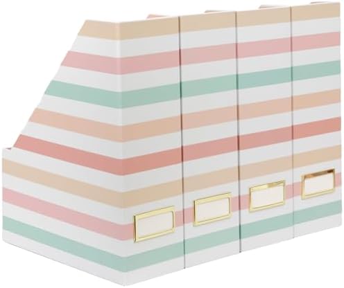 BLU MONACO | Cardboard Magazine File Holder Set of 4 | Vertical Magazine File Holder with Gold Label Slots | Standing File Holder and Cardboard Bins for Shelves Desk Classroom by Blu_Monaco