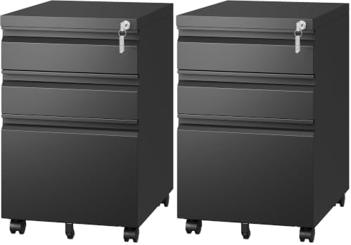Letaya 3 Drawer Mobile File Cabinet with Lock,Under Desk Metal Filing Cabinets for Home Office Organizer Letters/Legal/A4((Fully Assembled-Black) (Pack of 2) by LetayaMetalCabinets