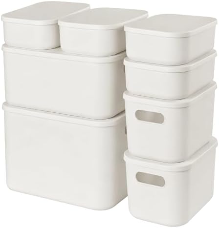 ANMINY White Plastic Storage Bins Baskets with Lids, 8-Pack, 1XL+1L+2M+4S by ANMINY