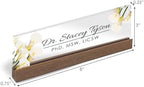 Artblox Personalized Office Desk Name Plate and Business Card Holder | Clear Acrylic Glass with Teak Wood Stand | Calla Flowers Design Customized with Your Name and Credentials Office Desk Decor - Image 3