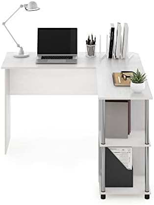 Furinno Abbott L-Shape Computer Desk with Stainless Steel Tubes Bookshelf, White Oak/Chrome - Image 4