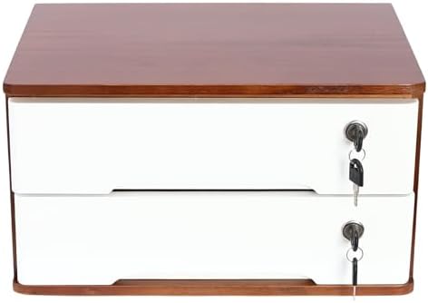 Lockable Desk Organizer Wooden Desktop Drawers Office Flat Files Storage Box Locking Countertop Storage Cabinet (Walnut + White, 2-Tier) - Image 7