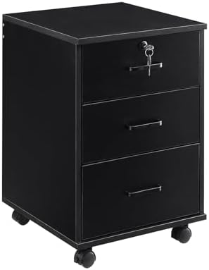 OFCASA 3 Drawer File Cabinet with Lock, Small Rolling Filing Cabinets for Home Office, Wooden Under Desk File Cabinet with Wheels, Mobile Storage Cabinet Printer Stand, for Letter/Legal/A4 Size, Black by OFCASA