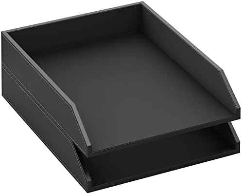 Leather Letter Tray, Thipoten Stackable Desk Organizer Holder for Office Supplies, Paper, File, Magazine, Perfect Office Organization for Desktop (Black-2Tiers) by THIPOTEN