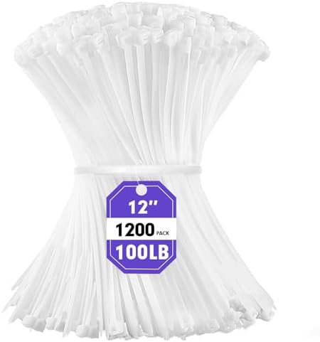 Zip Ties, RAZCC 1200pcs White Cable Zip Ties 12 Inch, Heavy Duty Plastic Wire Ties with 100lb Tensile Strength, Self-Locking White Nylon Tie Wraps for Indoor and Outdoor by RAZCC