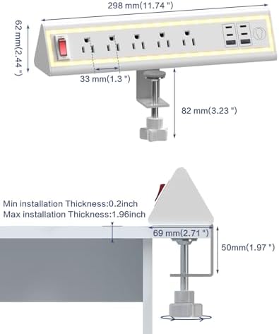 Desk Clamp Power Strip with Nightlight, 40W Fast Charging, 10FT Extension Cord, 4x20W USB-C & 2 USB Ports, 5 AC Outlets, Fits 1.69-Inch Table Edges - Image 7